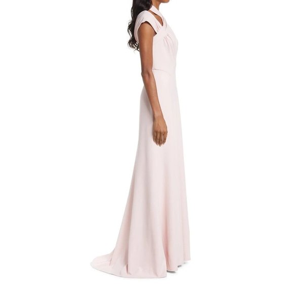 TADASHI SHOJI Cap Sleeve Cross Neck Trumpet Gown Dress Dusty Rose Large 10-12 - Picture 3 of 12